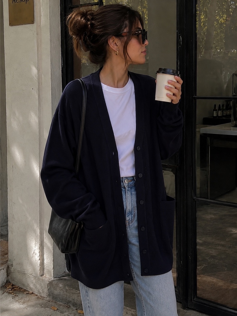 COS 100% Wool Navy Longline Button Front Cardigan Sweater Patch Pocket